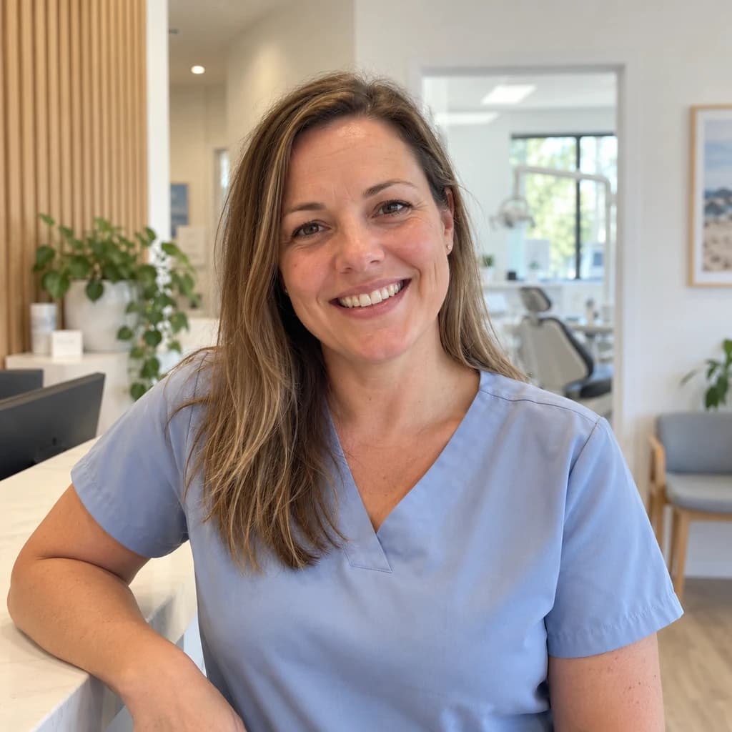 Sarah, who runs a dental practice, at her reception counter.